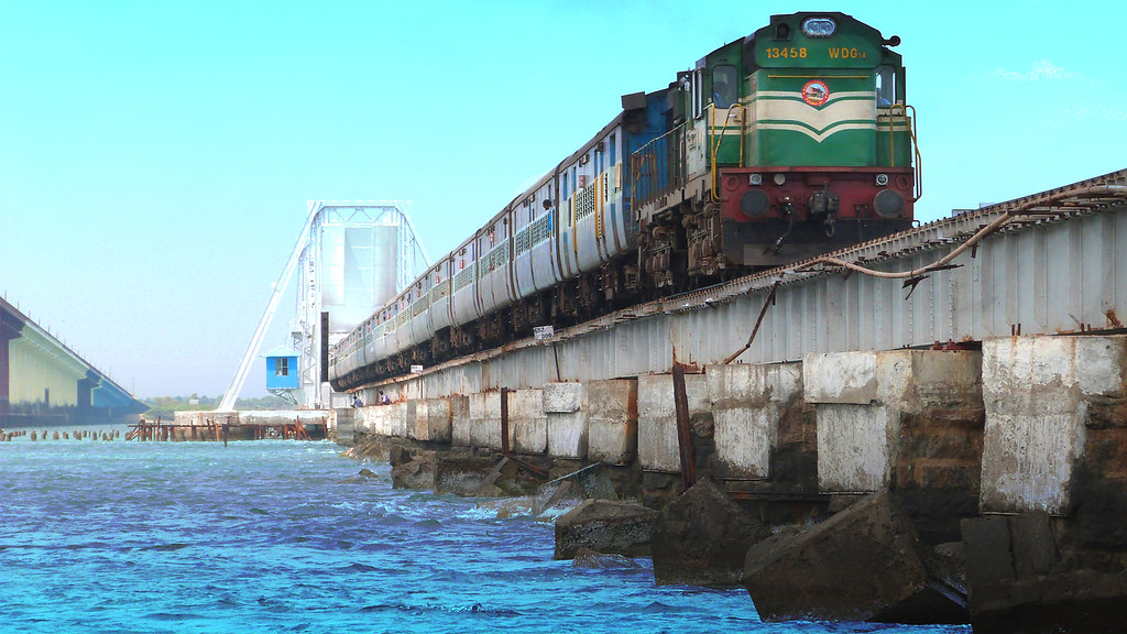 PAMBAN BRIDGE TRAIN ON SEA BOAT MAIL